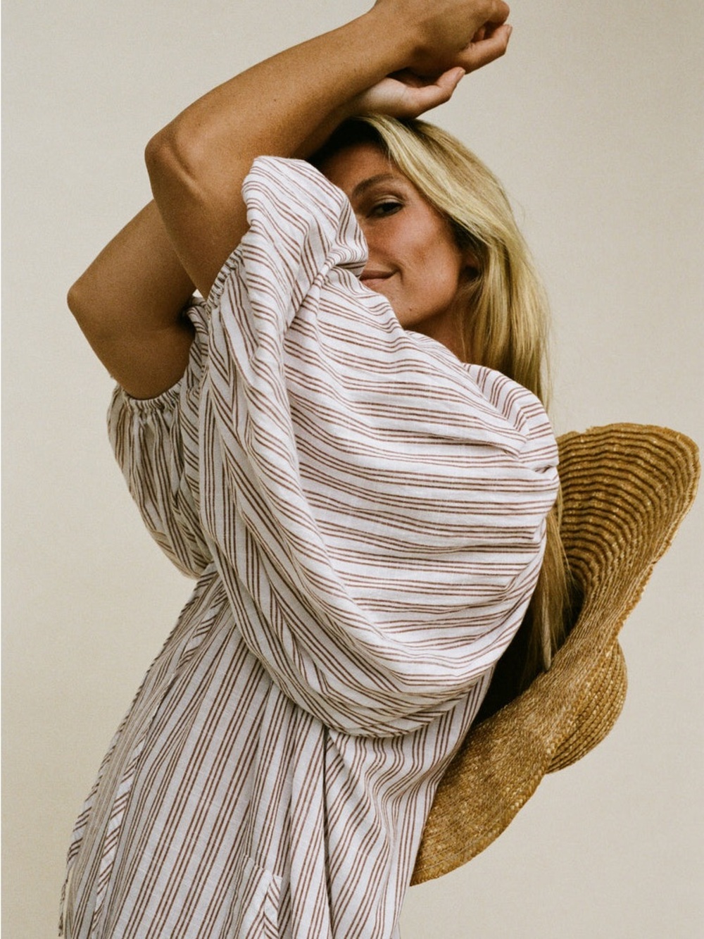 Daughters of India Poet Mini Dress in Vanilla with Rust Stripes Small - Picture 7 of 15